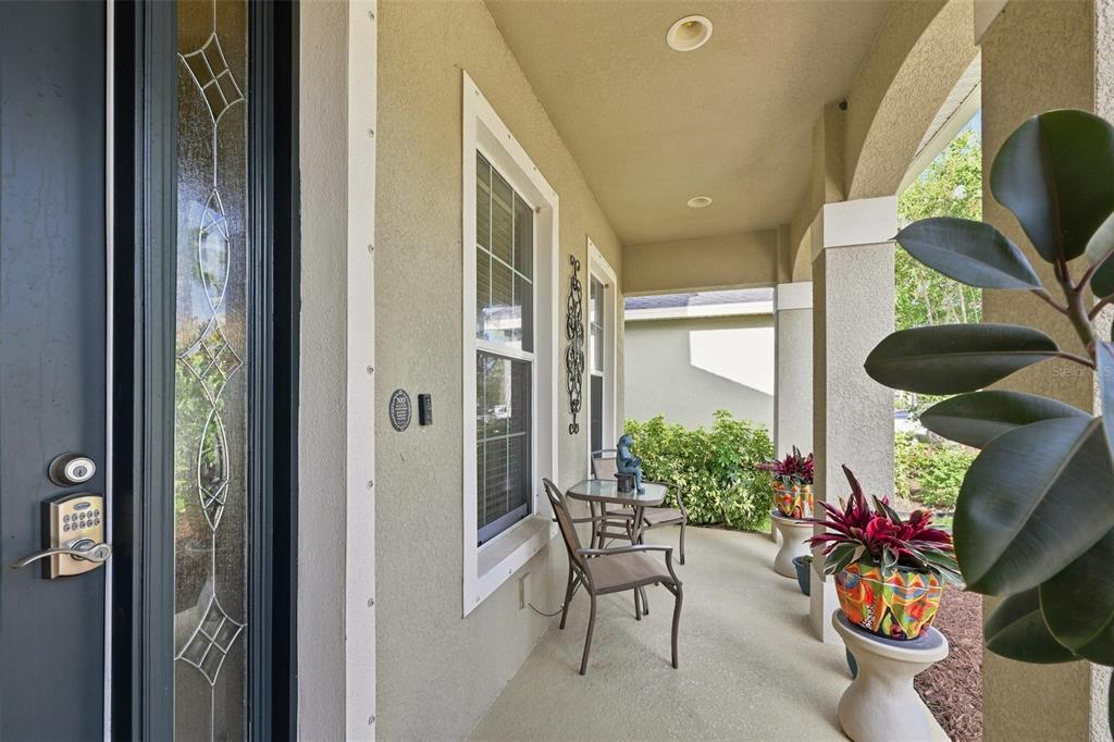 A covered front porch features a dark door with a keypad lock and patio furniture — 11156 SPRING POINT CIRCLE, RIVERVIEW, FL
