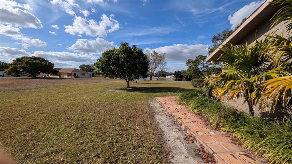 A grassy yard features a large tree, a tiled walkway, and a house exterior — 408 LEXINGTON DRIVE, SEBRING, FL