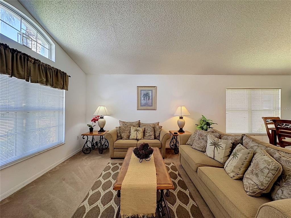 A living room features beige sofas, a wooden coffee table, and two windows with blinds — 2817 KOKOMO LOOP, HAINES CITY, FL