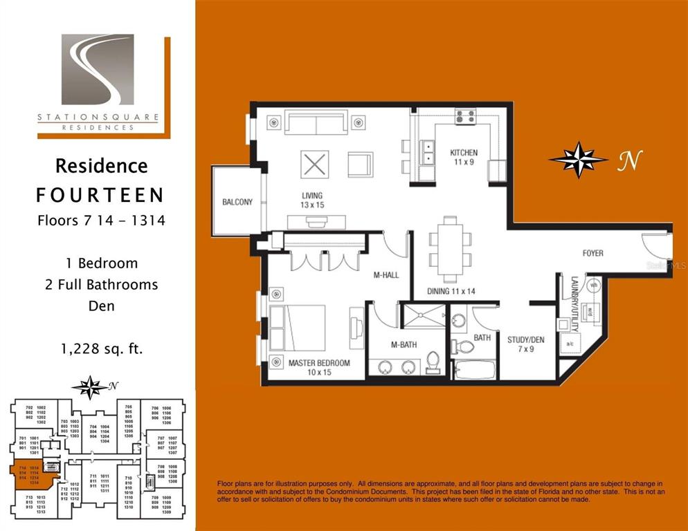 This is a floor plan for a one-bedroom, two-bathroom residence with a den and balcony — 628 CLEVELAND STREET UNIT 1314, CLEARWATER, FL