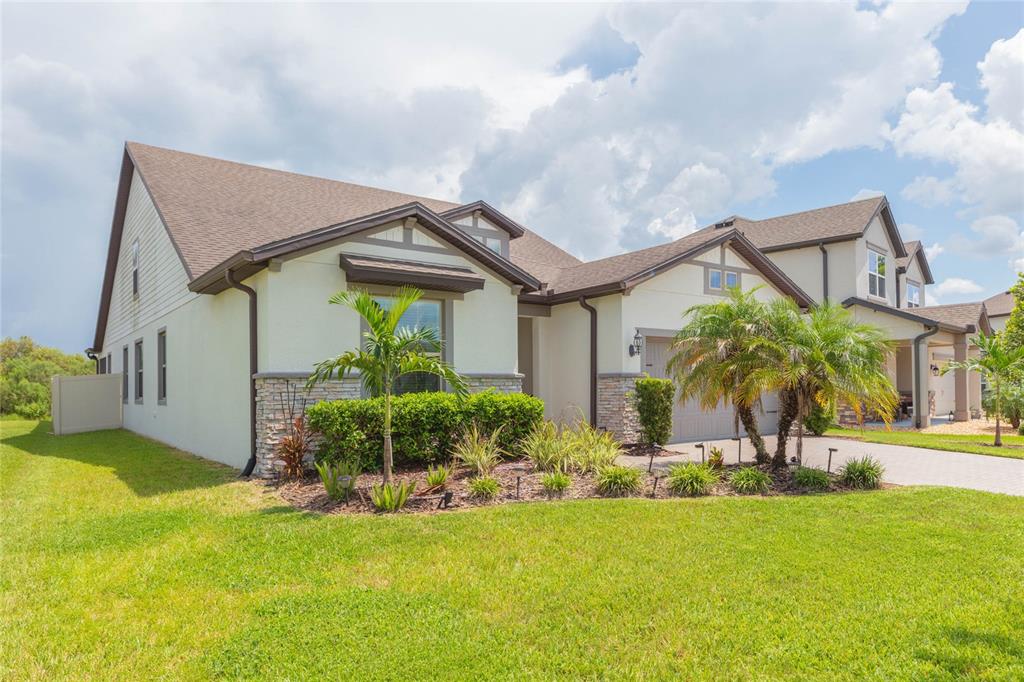 A single-story house with a stone-accented facade, a paved driveway, and palm trees in front — 7430 POOL COMPASS LOOP, WESLEY CHAPEL, FL