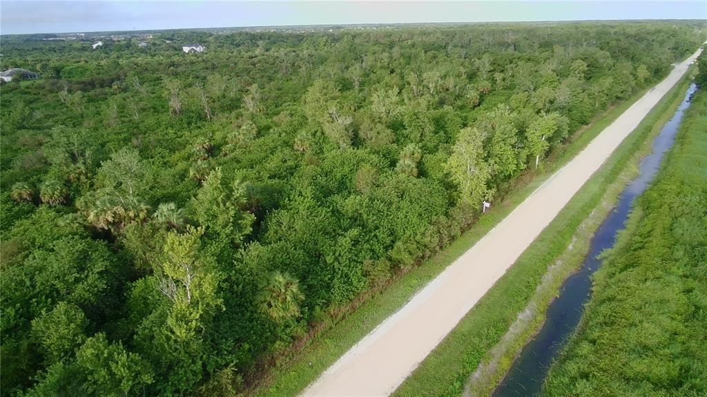 An aerial view shows a dense, wooded lot next to a dirt road and drainage canal — 720 SHADY HALLOW BOULEVARD W, NAPLES, FL