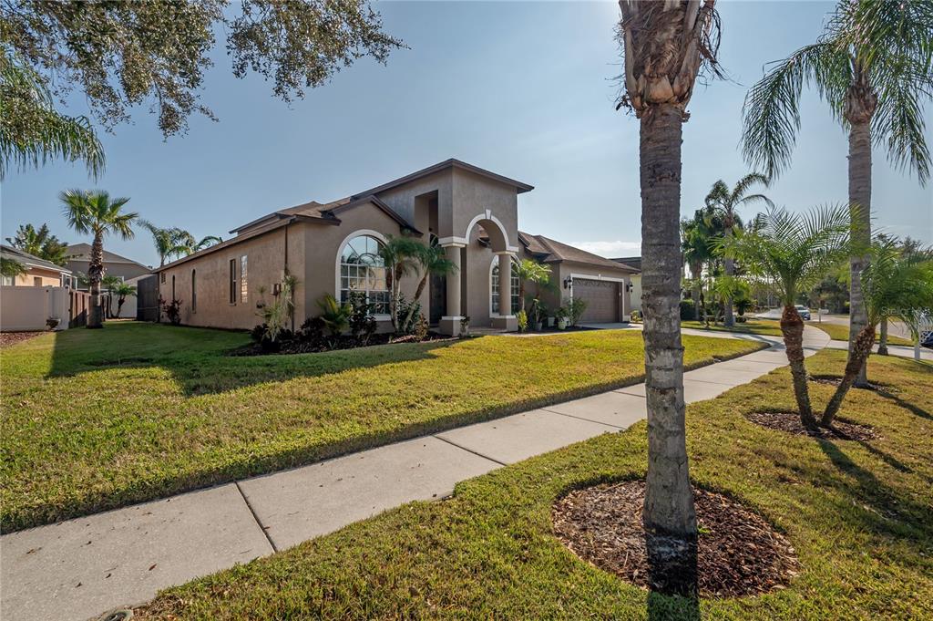 A tan single-story house with a tiled roof, arched window, and palm trees in the yard — 10126 LONDONSHIRE LANE, TAMPA, FL