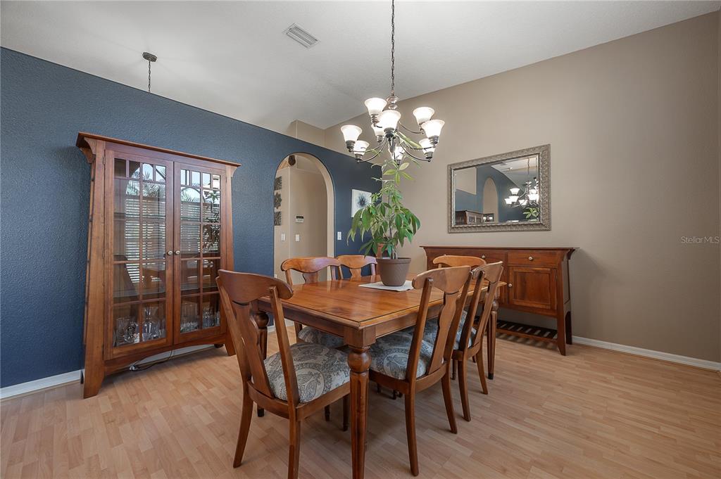 A dining room features a wooden table and chairs, a hutch, and a chandelier — 10126 LONDONSHIRE LANE, TAMPA, FL