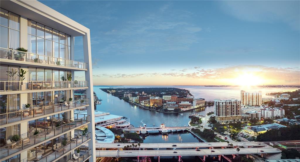 This is a rendering of the exterior entrance to a modern building labeled Pendry — 111 S ASHLEY DRIVE UNIT 3604, TAMPA, FL