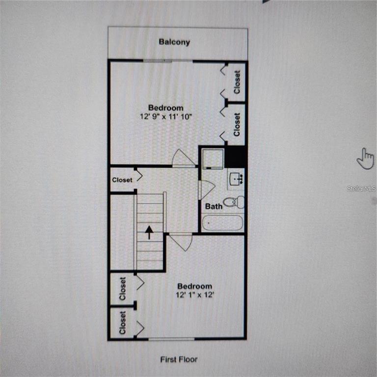 This floor plan shows two bedrooms, a bathroom, multiple closets, a staircase, and a balcony — 22630 GAGE LOOP UNIT 4, LAND O LAKES, FL