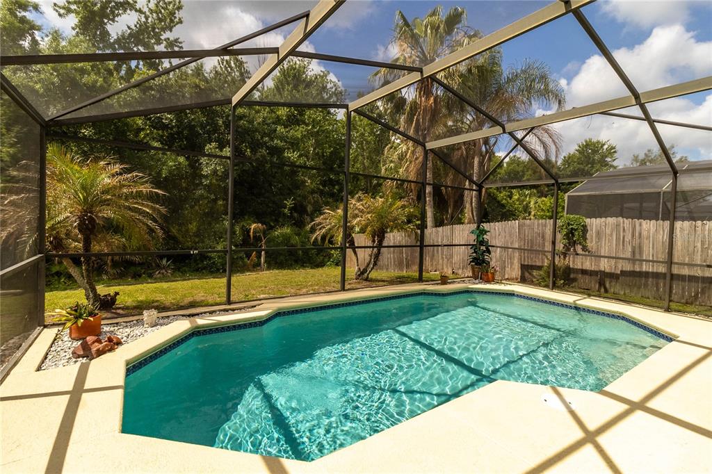 A screened-in swimming pool with a concrete deck sits in a backyard with palm trees — 4626 EAGLE PEAK DRIVE, KISSIMMEE, FL