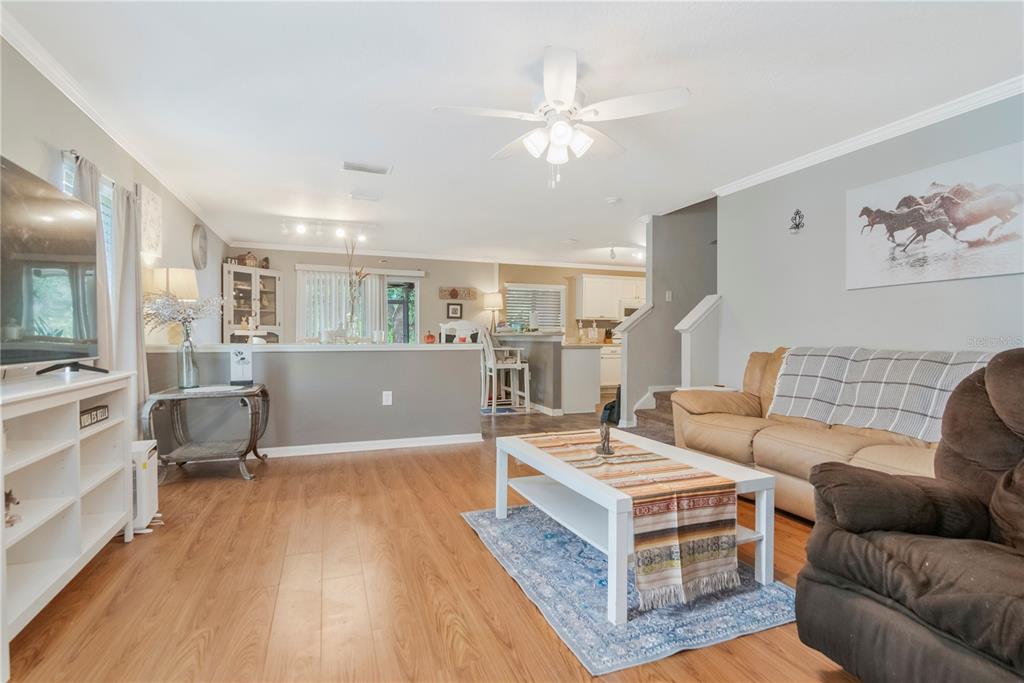 A living room with wood-look flooring, a white coffee table, and a tan sofa — 19604 TIMBERBLUFF DRIVE, LAND O LAKES, FL
