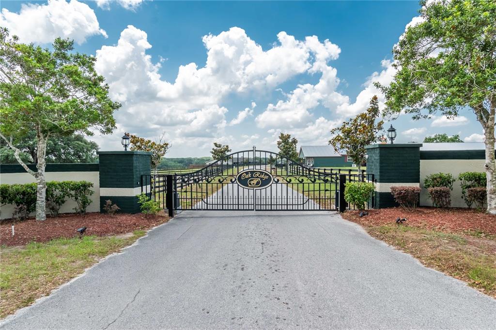 A paved driveway leads to a gated entrance with brick pillars and a metal fence — 3670 SE 148TH TERRACE, MORRISTON, FL