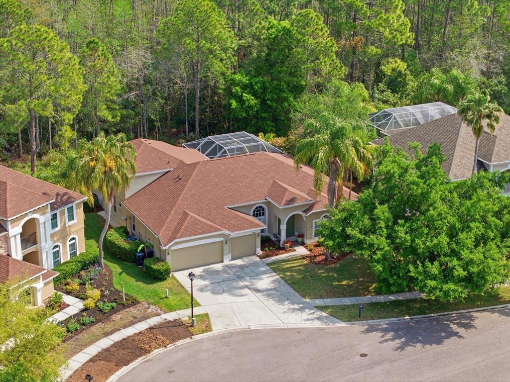 An aerial view of a suburban house with a brown roof, garage, and screened-in patio — 18931 CHAVILLE ROAD, LUTZ, FL