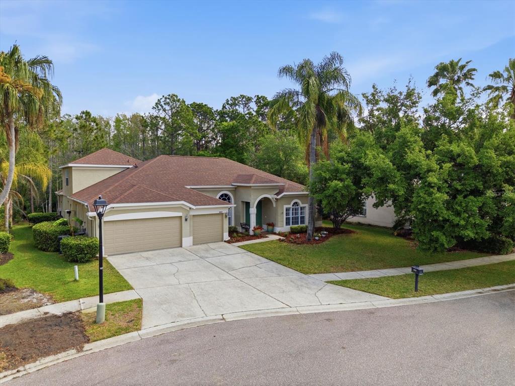 A tan single-story house with a brown shingled roof, two-car garage, and palm trees — 18931 CHAVILLE ROAD, LUTZ, FL