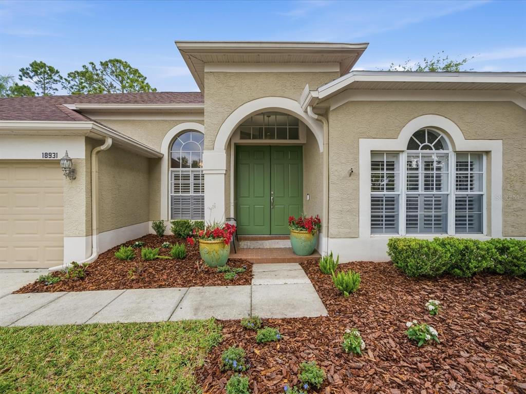 A beige house exterior features a green double front door under an arched entryway — 18931 CHAVILLE ROAD, LUTZ, FL