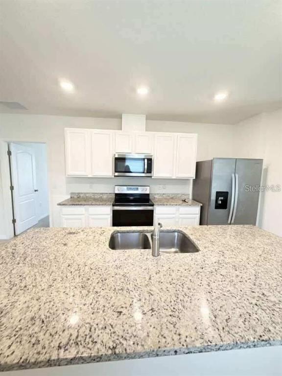 A kitchen features white cabinets, granite countertops, a stainless steel refrigerator, and a center island — 6877 BOTANIC BLVD BOULEVARD, HARMONY, FL
