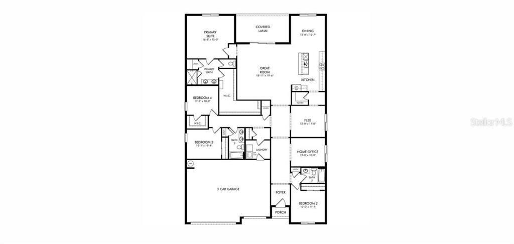 This is a floor plan for a single-story house featuring four bedrooms, a three-car garage, and a kitchen — 3429 ORCHARD LOOP, BARTOW, FL