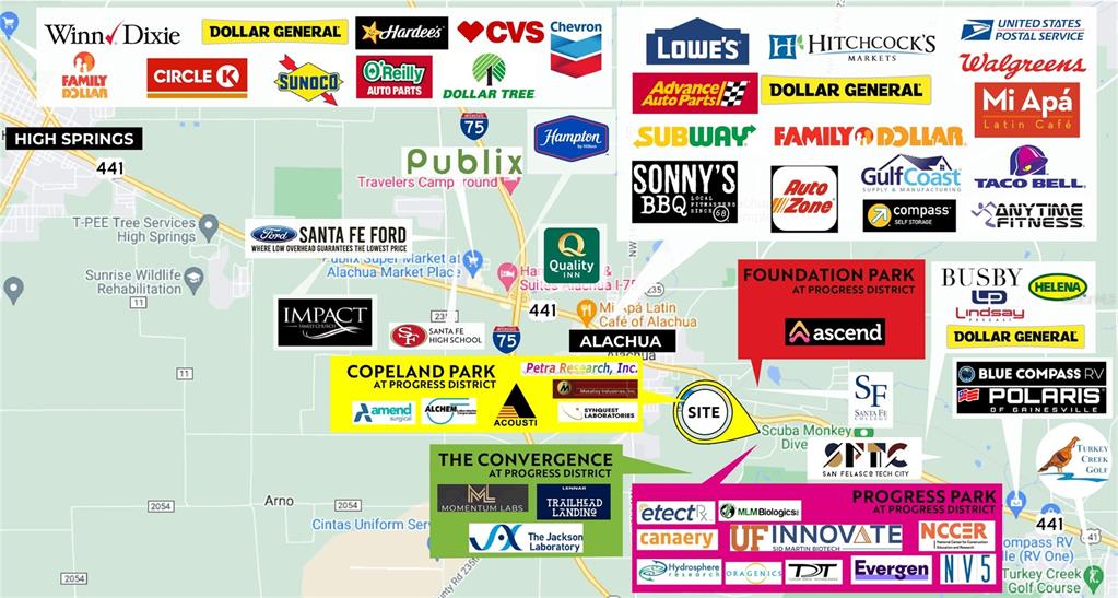 This is a map showing the locations of various businesses and facilities in the area — 13859 PROGRESS BOULEVARD UNIT 200, ALACHUA, FL
