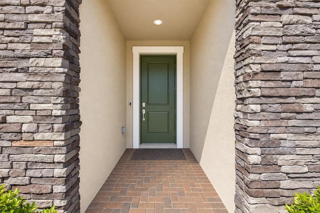 A green front door is framed by stone pillars and a brick walkway — 18342 SERENE LAKE LOOP, LUTZ, FL