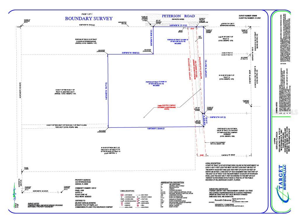 This is a boundary survey map showing property lines, easements, and legal descriptions of land — 0 PETERSON ROAD, ODESSA, FL