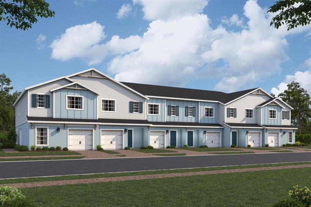This is a digital rendering of a multi-unit townhouse building with light blue and white siding — 6104 FELLOW WAGON WAY, ORLANDO, FL