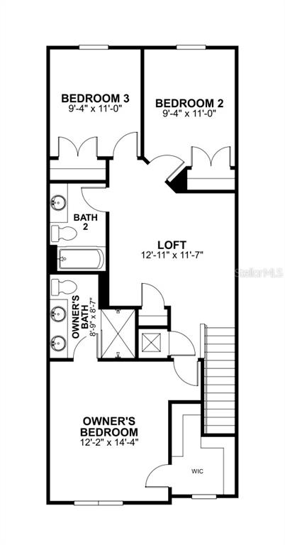 This is a floor plan showing the layout of an upper level with three bedrooms — 6104 FELLOW WAGON WAY, ORLANDO, FL