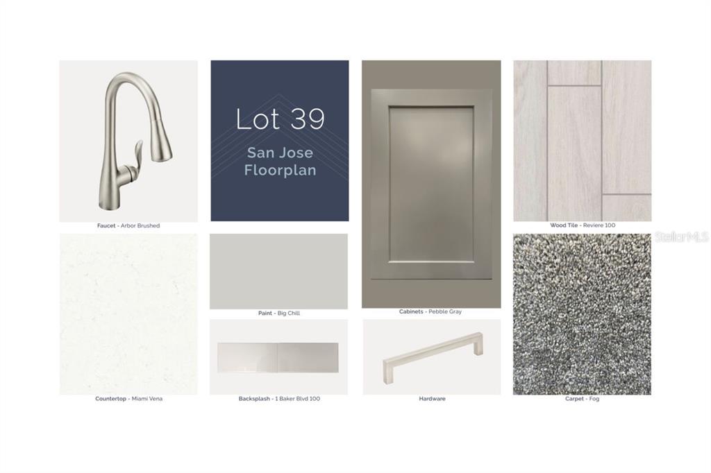 This image is a design board showing interior finish samples for a home — 6104 FELLOW WAGON WAY, ORLANDO, FL