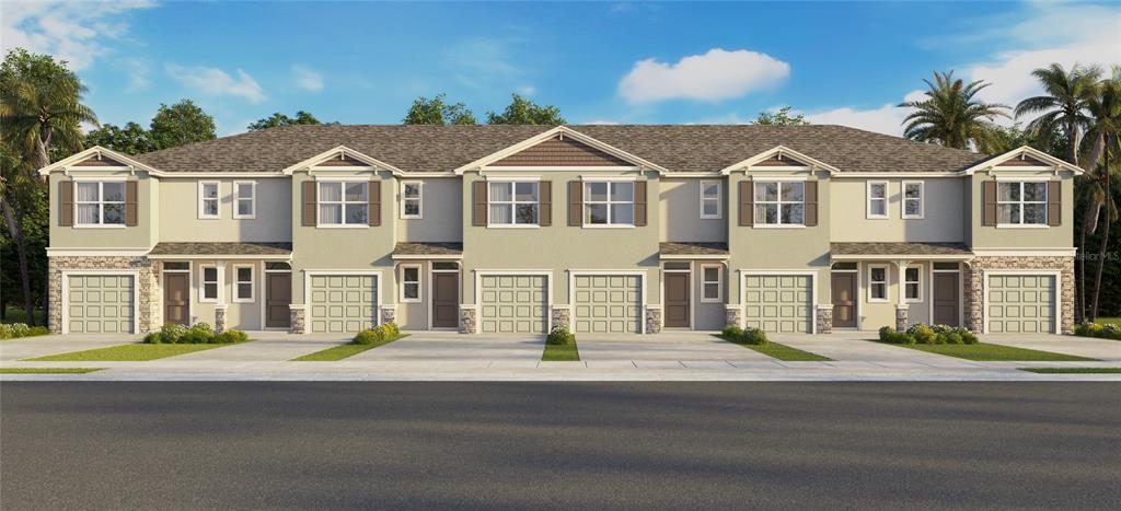 This is a digital rendering of a multi-unit townhouse building with attached garages — 32566 MIDSUMMER NIGHT LANE, WESLEY CHAPEL, FL