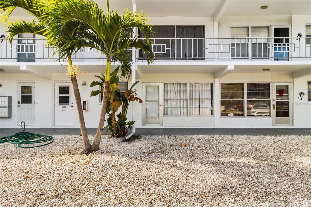 A two-story apartment building exterior with white walls, glass doors, and a palm tree — 1221 DREW STREET UNIT B3, CLEARWATER, FL
