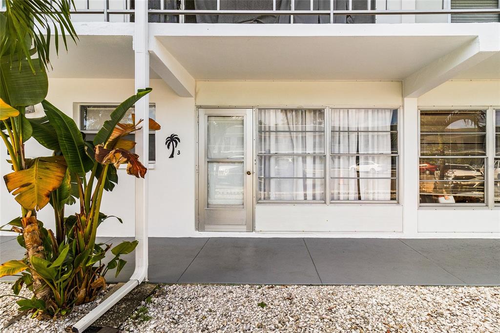 A ground-level apartment entrance features a glass storm door, large windows, and a palm tree decoration — 1221 DREW STREET UNIT B3, CLEARWATER, FL
