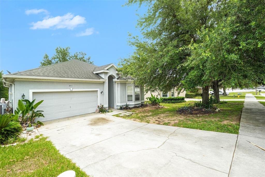 A single-story house with a two-car garage, a concrete driveway, and a large shade tree — 37110 HIGHLAND BLUFF CIRCLE, DADE CITY, FL