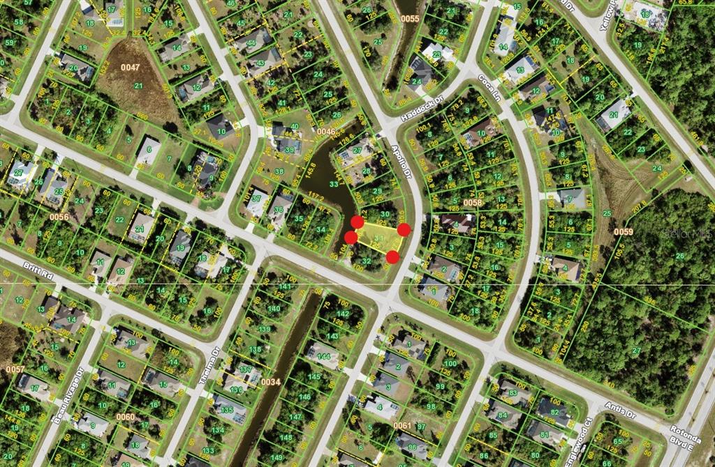 This is an aerial map showing residential lots and streets in a suburban neighborhood — 151 APOLLO DRIVE, ROTONDA WEST, FL