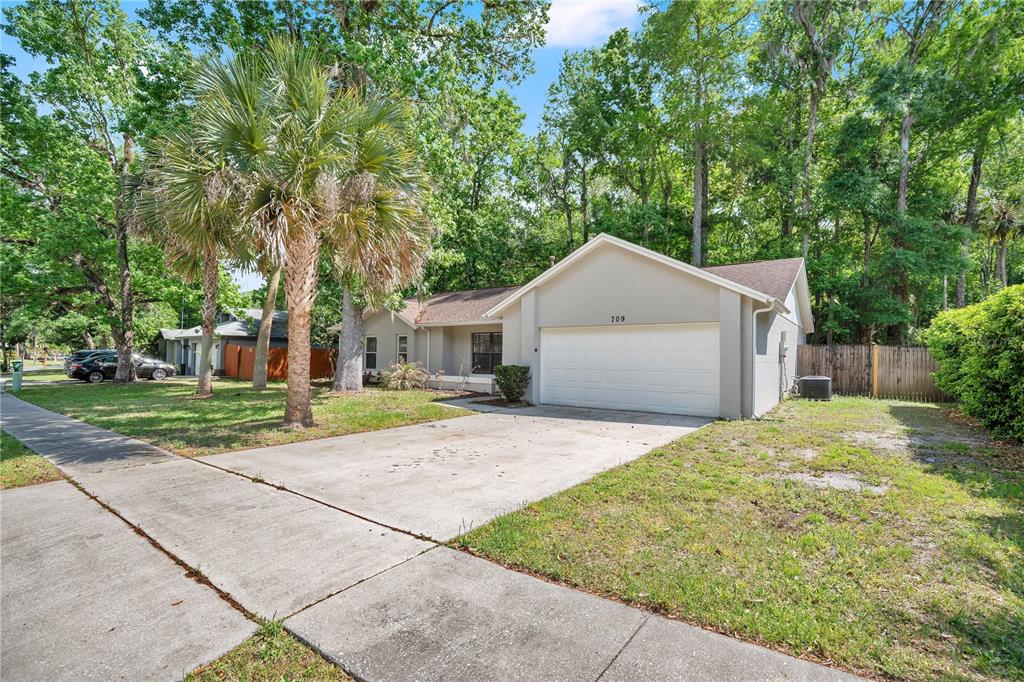 A single-story house with a white garage door, concrete driveway, and palm trees in front — 709 SAILFISH ROAD, WINTER SPRINGS, FL