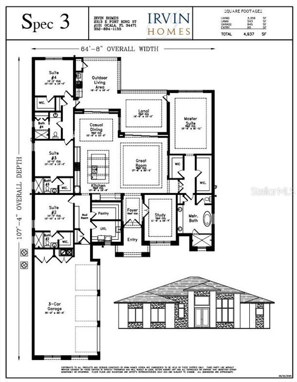 This floor plan shows a house layout with four suites, a three-car garage, and a lanai — 6692 SE 12TH CIRCLE, OCALA, FL