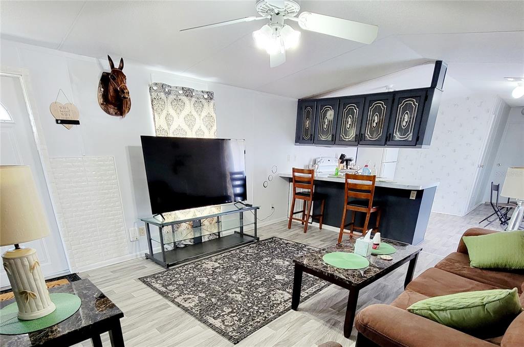 A living room with a television, area rug, and a kitchen counter with bar stools — 14626 MCGRADY ROAD, WIMAUMA, FL