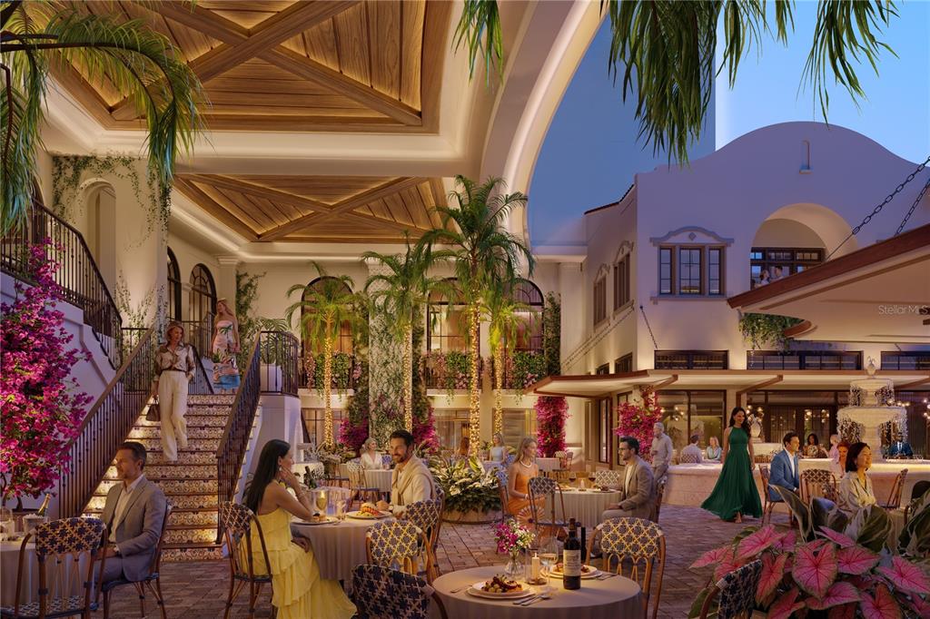 This architectural rendering shows an elegant outdoor restaurant courtyard with dining tables and a staircase — 65 S PALM AVENUE UNIT 1205, SARASOTA, FL