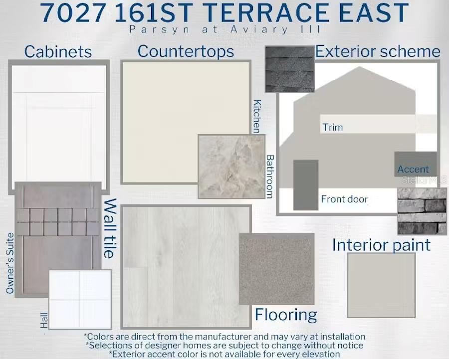 This design board displays interior and exterior finish samples for a new home construction project — 7027 161ST TERRACE E, PARRISH, FL