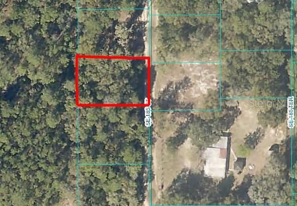 An aerial view shows a rectangular plot of land outlined in red near a road — 185TH COURT, OCKLAWAHA, FL