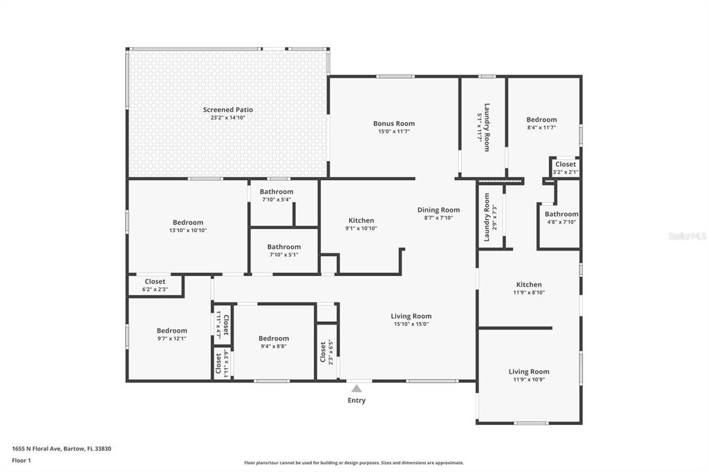 This is a floor plan showing the layout of a house with multiple rooms — 1655 N FLORAL AVENUE, BARTOW, FL