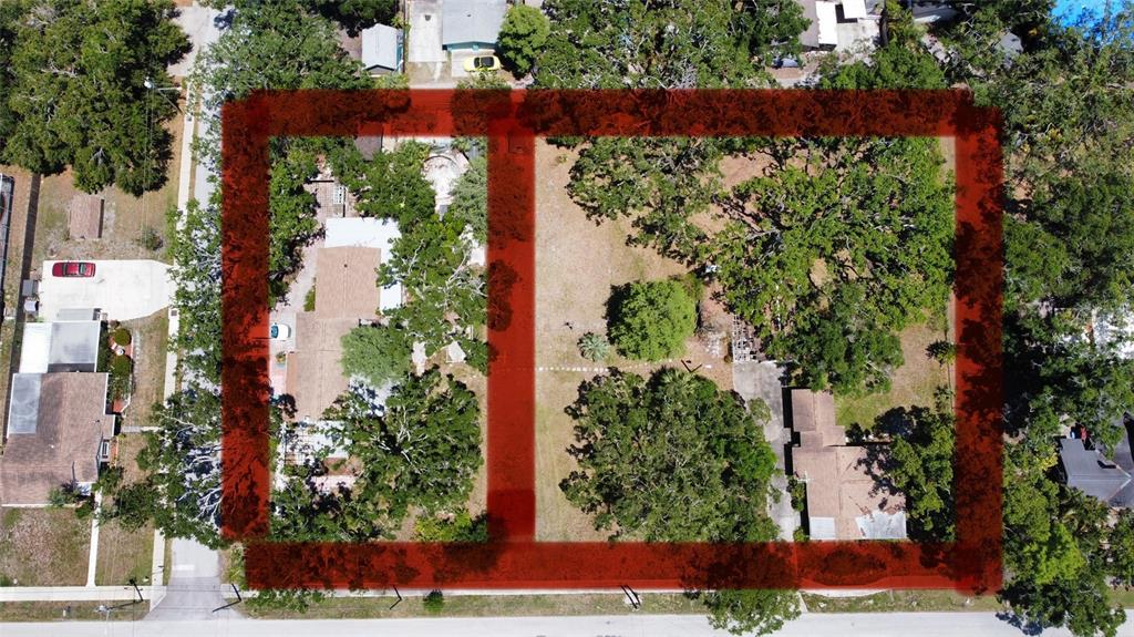 An aerial view shows two adjacent residential lots with trees and existing structures — 5680 77TH AVENUE N, PINELLAS PARK, FL