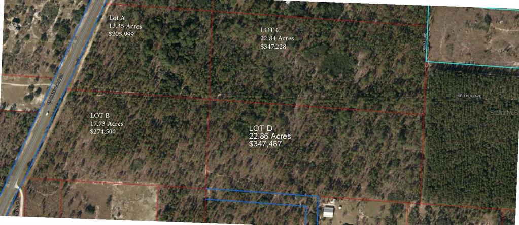 An aerial map shows four wooded land parcels labeled A, B, C, and D — SE STATE ROAD 121 LOT C & D, MORRISTON, FL