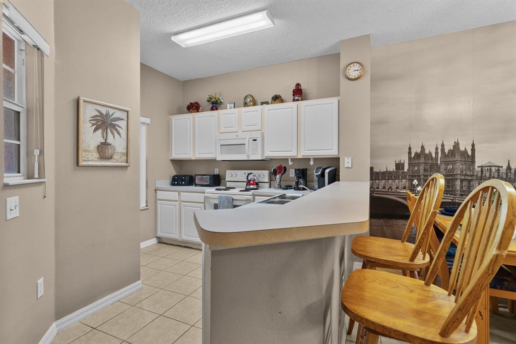 A kitchen features white cabinets, a breakfast bar with wooden stools, and a mural wall — 8454 CRYSTAL COVE LOOP, KISSIMMEE, FL