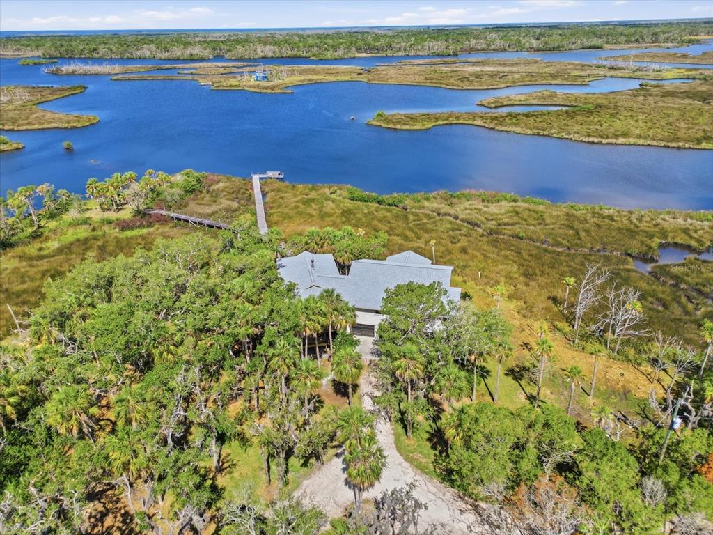 An aerial view shows a house nestled in trees with a long dock over water — 12350 W RED MAPLE STREET, HOMOSASSA, FL
