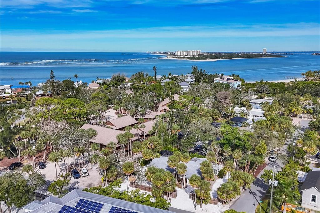 An aerial view shows a coastal neighborhood with lush trees, houses, and a nearby bay — 445 REID STREET, SARASOTA, FL