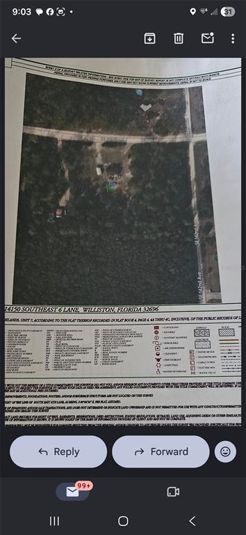 This is a survey map showing an aerial view of a residential property and its boundaries — 14150 E 6TH LANE, WILLISTON, FL