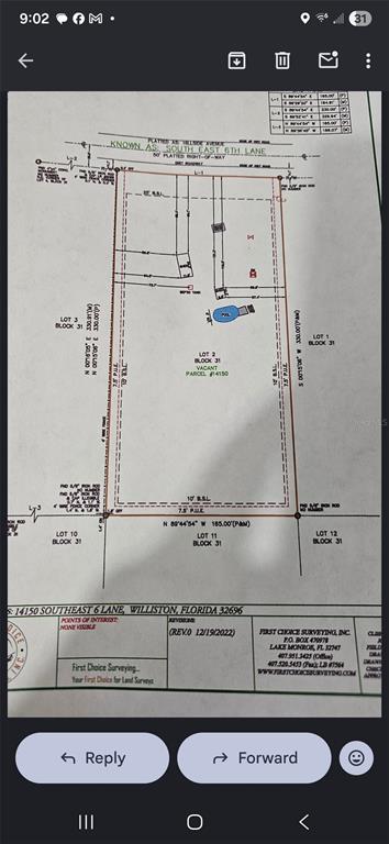 This is a land survey map showing the property boundaries and dimensions of a vacant lot — 14150 E 6TH LANE, WILLISTON, FL