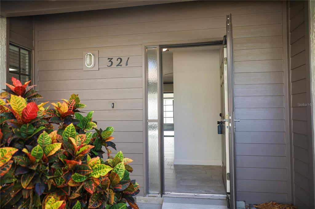 The exterior entrance of a home features a front door, a house number, and landscaping — 321 WINDRUSH LOOP, TARPON SPRINGS, FL