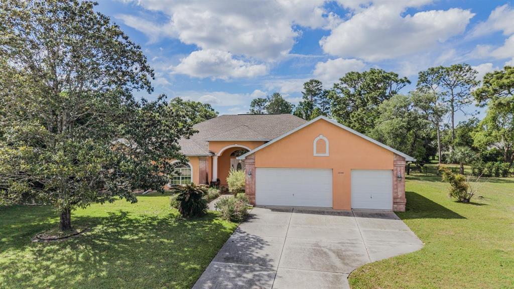 A single-story house with a two-car garage and a large tree in the front yard — 13566 RUDI LOOP, SPRING HILL, FL