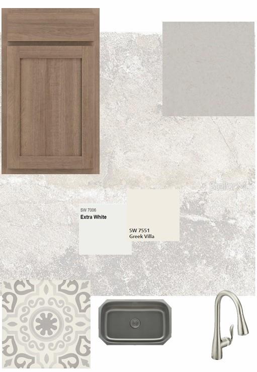 This design board displays kitchen cabinet, countertop, paint, tile, sink, and faucet finish options — 6353 JENSEN VIEW AVENUE, APOLLO BEACH, FL