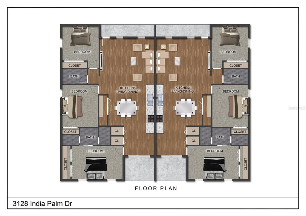 This floor plan shows two identical mirrored residential units, each featuring three bedrooms and bathrooms — 3128 INDIA PALM DRIVE, EDGEWATER, FL