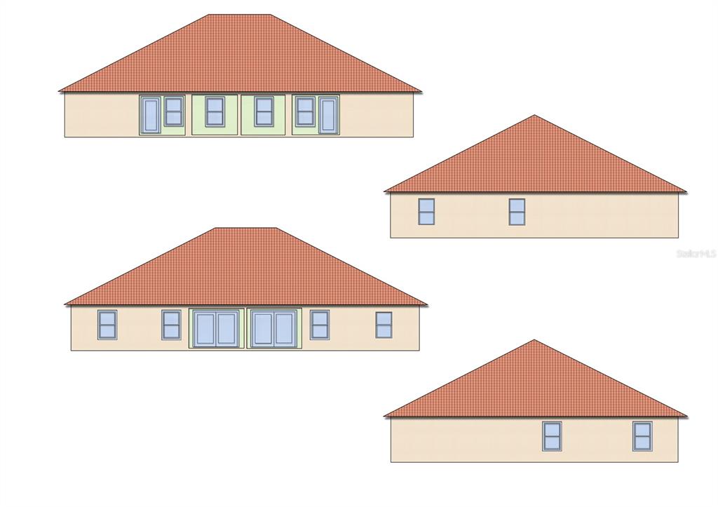 This is a digital rendering showing the four exterior elevations of a single-story house — 3128 INDIA PALM DRIVE, EDGEWATER, FL
