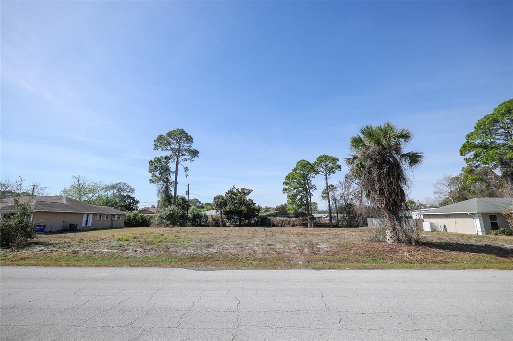 A vacant, grassy residential lot sits between two single-story houses under a clear blue sky — 3128 INDIA PALM DRIVE, EDGEWATER, FL