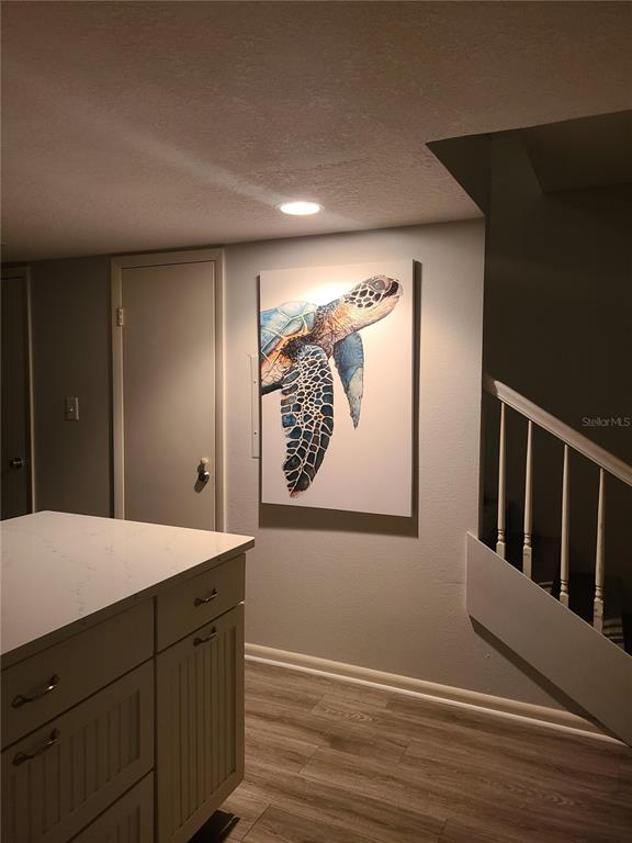 A kitchen island with white cabinets sits near a wall featuring a sea turtle painting — 815 OCEAN SHORE BOULEVARD UNIT 12B, ORMOND BEACH, FL